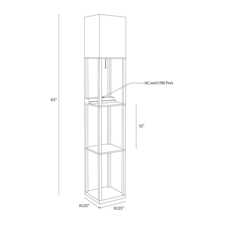Brightech Maxwell 63 in. USB Charging LED 3-Shelf Floor Lamp with Beige Fabric Square Shade