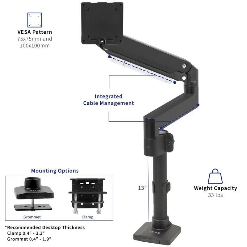 Vivo Pneumatic Arm Single Monitor Desk Mount