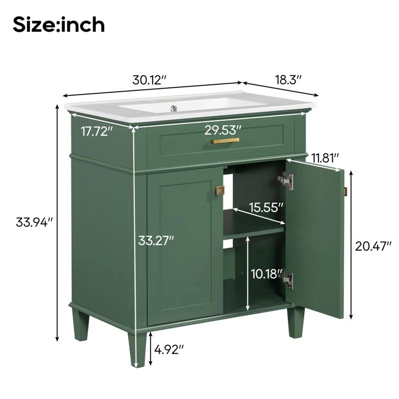 Tryimagine 30-Inch Bathroom Vanity With Ceramic Basin,  Soft Close Door And Adjustable Shelves