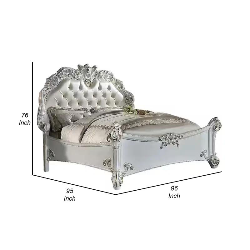 Benjara Antoine Bed, White Faux Leather Victorian Carved, Antique White
