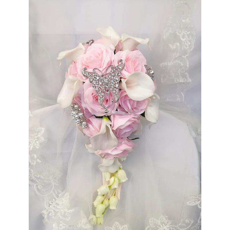 Abbie Home Calla Lily and Rose Cascading Bride Bouquet Waterfall Wedding Flower with Jewelry Décor