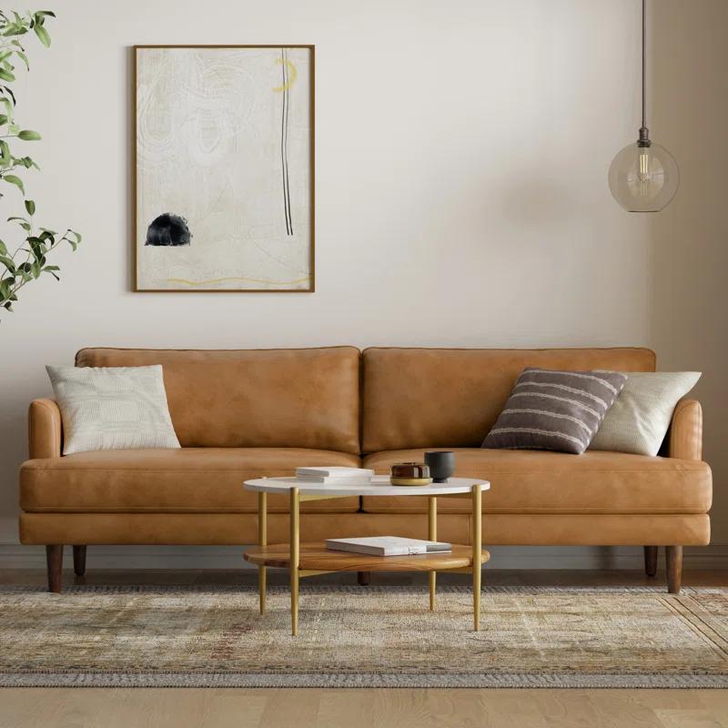 Simpli Home Livingston Top Grain Genuine Leather Mid-Century Modern Sofa With Solid Wood Frame For Living Room