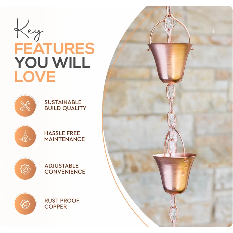 Marrgon Marrgon Copper Rain Chain with Bell Style Cups for Gutter Downspout Replacement