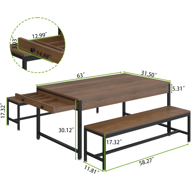 17 Stories Zubie 63"Dining Table Set for 4-6, 3-Piece Kitchen Table with 2 Utensil Drawers,2 Benches&Wine Rack