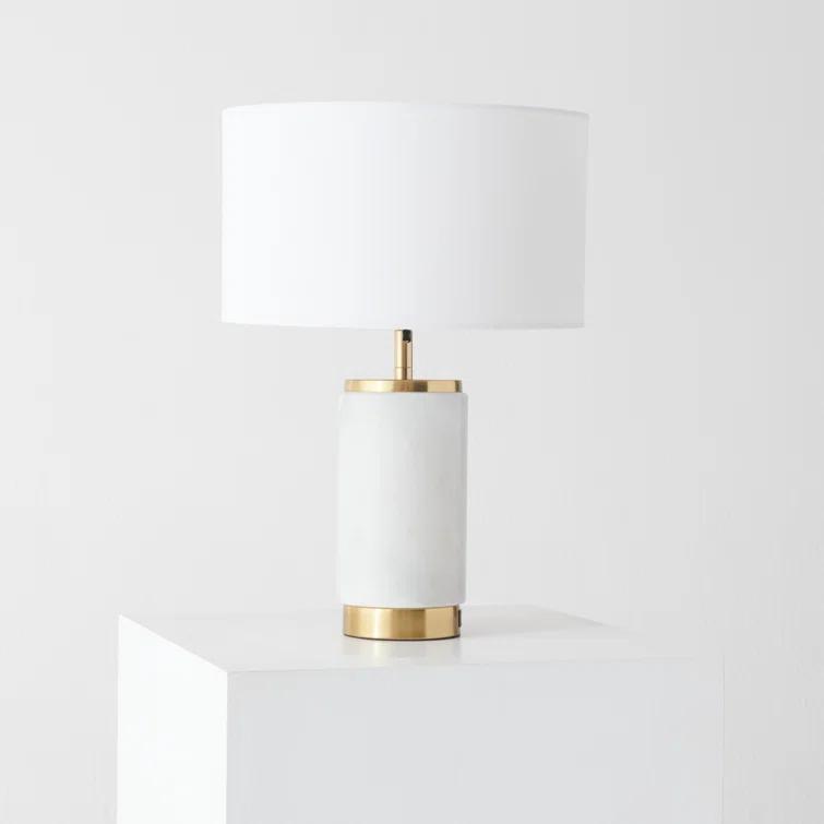 Brightech Arden 17 in. Mid-Century Modern LED Table Lamp with Fabric Drum Shade and USB Port