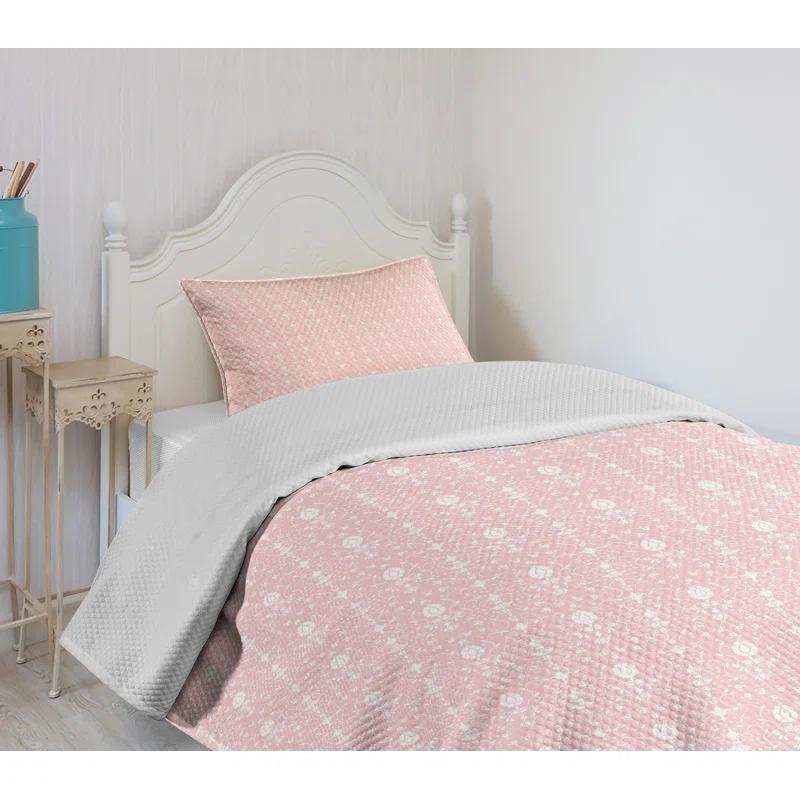 Ambesonne Flowers Bedspread Set Vintage Damask Home Pale Pink White