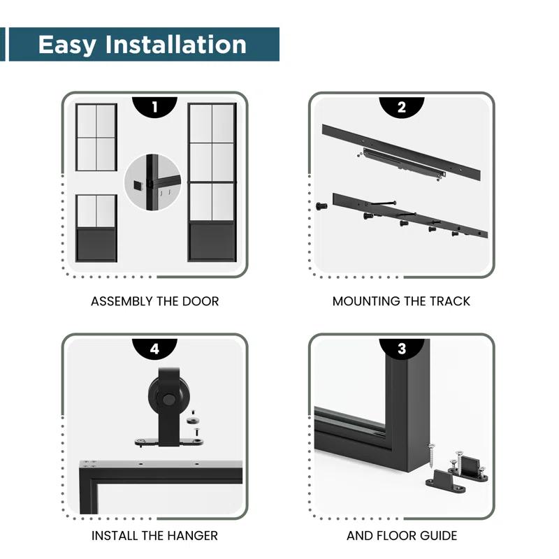 Metal and Glass Sliding Barn Door with Installation Hardware Kit ( Soft-close Included)