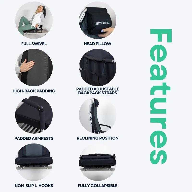 Sitbax SitBax Black Padded Bleacher Seat – The Ultimate Reclining Stadium Chair with Full Back & Neck Support and 360° Swivel – Lightweight, Foldable, and Portable with Backpack Straps - Patent Pending