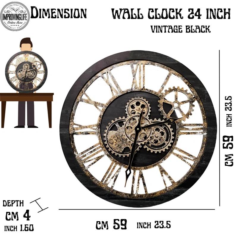 The Gears Clock Wall Clock 24" Round Oversized for Living Room decor with Real Moving Gears America Collection