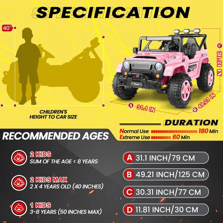 Ancheer 24V 4WD//2WD Ride On Jeep Truck,2 Seater Kids UTV With 4X200w Powerful Engine,Remote Control,Bluetooth,20 Wide Seat,Vehicles for Kids Toddlers