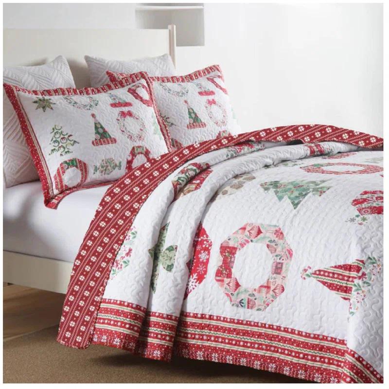MarCielo 3 Pcs Christmas Quilt Bedspread Set Candy Red BY205