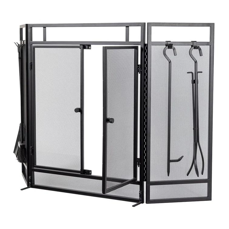 Kern River Mesh Trifold Fireplace Screen with 4 Piece Tool Set in Black
