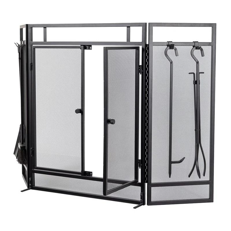 Kern River Mesh Trifold Fireplace Screen with 4 Piece Tool Set in Black