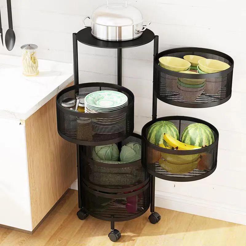 Kitchen Storage Cart,5 Tier Circular Rotating Basket,Large Storage Rack with 360 Degree Wheels