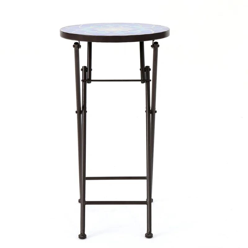 Fleur De Lis Living Folding Blue and White Top Side Table with Iron Frame, Multifunctional Plant or Beverage Stand