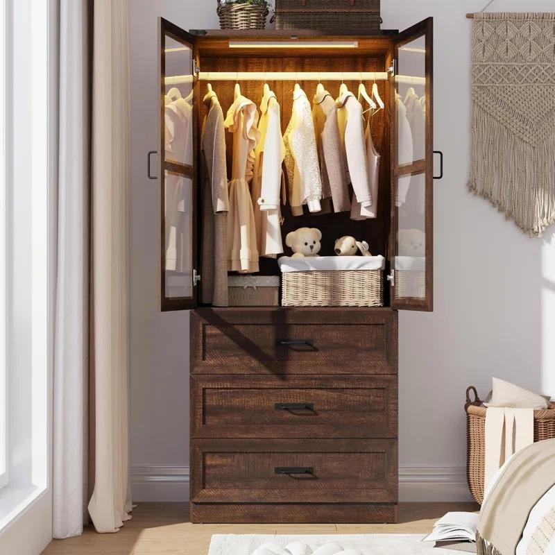 Ivy Bronx 75" Tall Farmhouse 2 Doors Armoire Wardrobe Closet with 3 Drawers and LED,Freestanding Closet