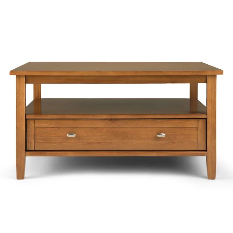 Simpli Home Warm Shaker 36"W Solid Wood Square Coffee Table with Two Drawers and Open Shelf