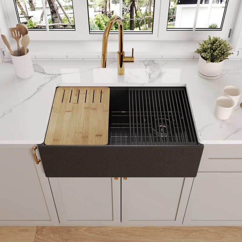 30-inch L Single Bowl Concrete Workstation Farmhouse Kitchen Sink Large Capacity Deep Dual Mount with Accessories