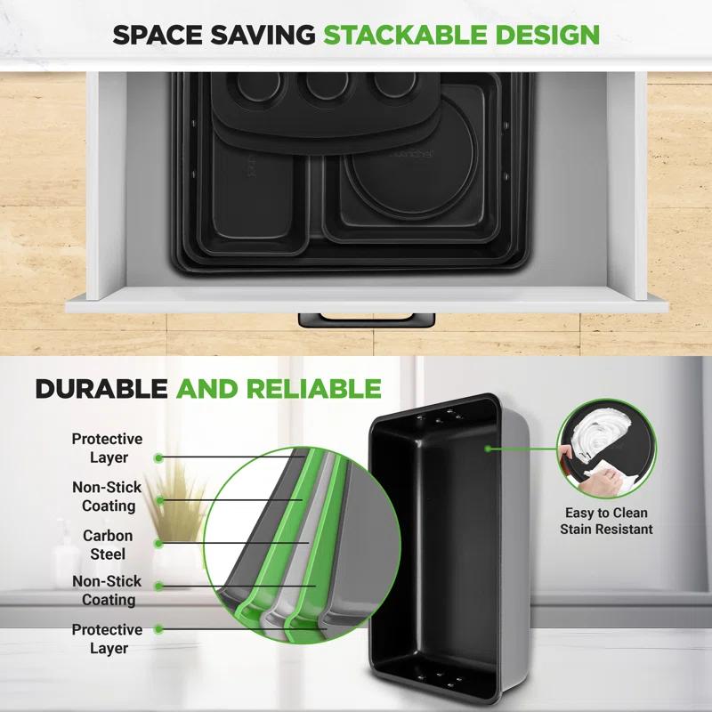 NutriChef 8-Piece Nonstick Stackable Bakeware Set - Pfoa, Pfos, Ptfe Free Baking Tray Set W/ Non-Stick Coating, 450°F Oven Safe, Round Cake, Loaf, Muffin, Wide/Square Pans, Cookie Sheet