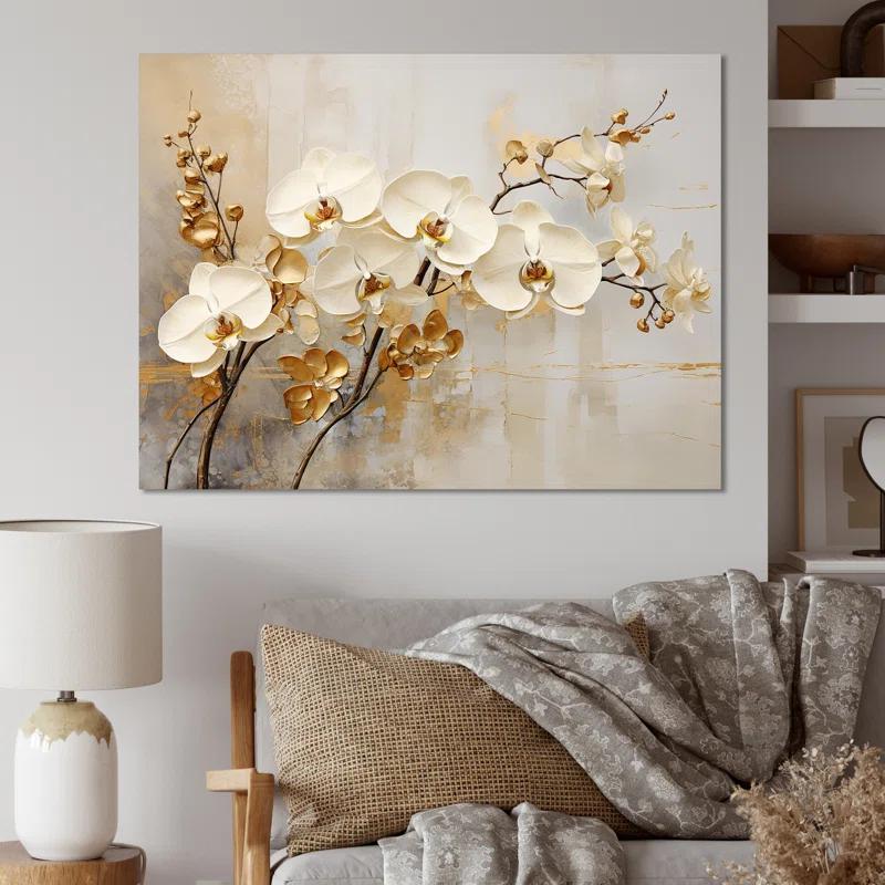 Design Art " Minimalism Beige And Gold Orchids "