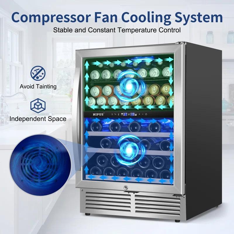 Nipus 24 Inch 94 Can and 27 Bottle Dual Zone Wine & Beverage Refrigerator Freestanding Built-in Beer and Drink Cooler with Glass Door For Kitchen, Bar or Office Classic Series