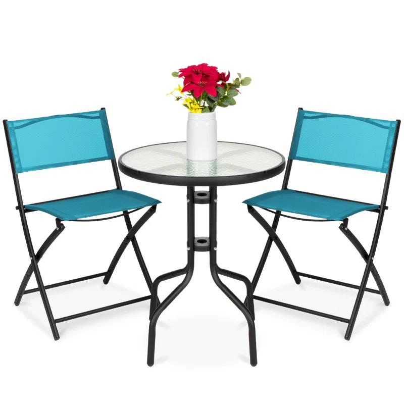 George Oliver 3-Piece Patio Bistro Dining Furniture Set W/ Glass Tabletop, Folding Chairs
