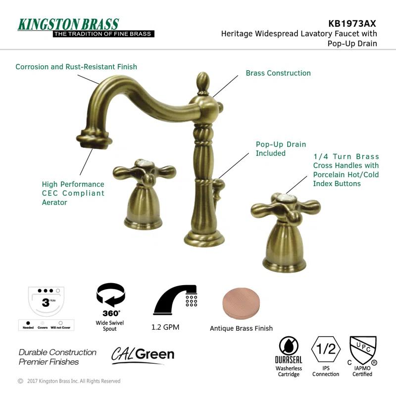 Kingston Brass Heritage Two-Handle 3-Hole Deck Mount Widespread Bathroom Faucet with Pop-Up Drain