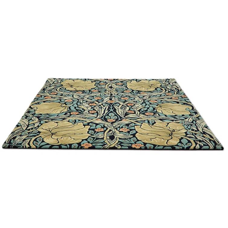 Handmade Blue Floral Wool and Viscose Rectangular Rug