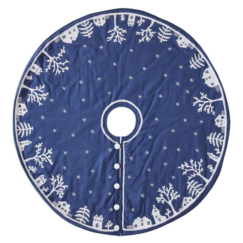 Arcadia Home Handmade Christmas Tree Skirt in Cotton - Village Scene on Navy Blue - 60"