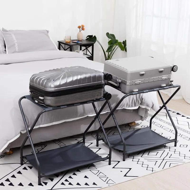 MEBROT Set Of 2, Foldable Suitcase Stands For Guest Room, Metal Luggage Holder With Storage Shelf For Bedroom, Hotel, Easy Assemble