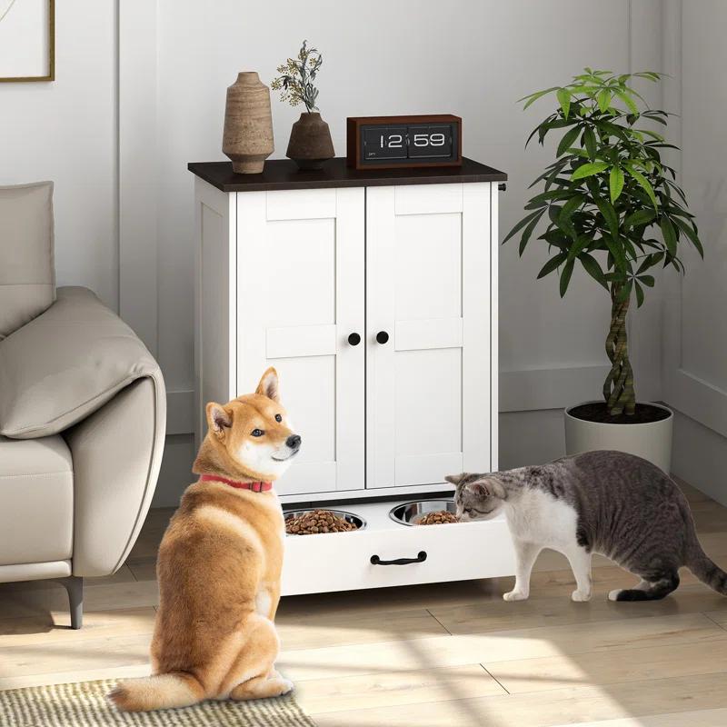 Awevsco Dog Feeding Station, Dog Food Storage Cabinet With Hidden Dog Bowls, Adjustable Panel, Hooks, For Medium Sized Dogs, White