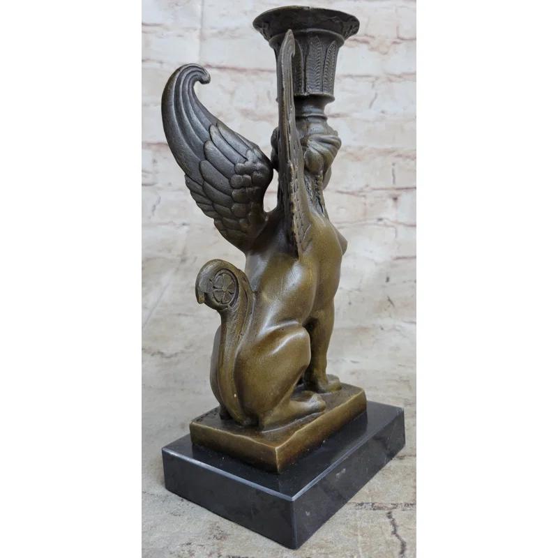 Trinx Kallen Art Deco Sphinx Bronze Candle Holder Bronze Sculpture Marble Base Statue