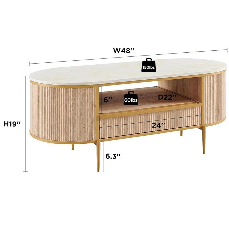 Everly Quinn Modern Fluted Coffee Table, 48" Oval Coffee Table with Drawer,Curved Profile Design,Center Table for Living Room