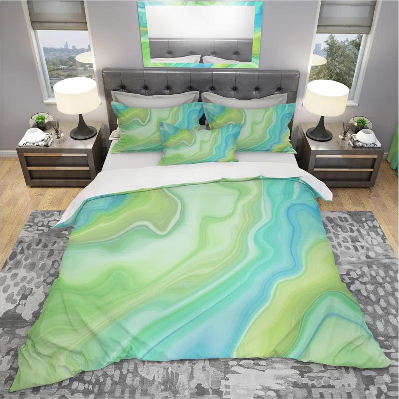 Design Art Marbled Colors in Shades of Green and Blue - Modern Abstract Duvet Cover Set - Microfiber Polyester