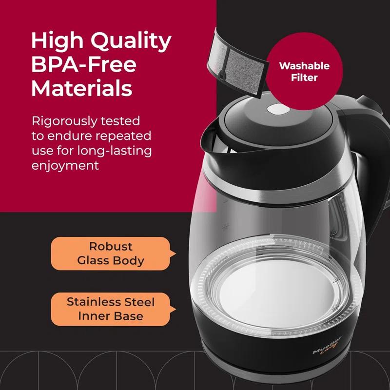 MuellerLiving Mueller Living Electric Kettle, Electric Tea Kettle for Boiling Water, 1500W SpeedBoil Teach Automatic Shutoff, 1.8L Cordless with LED Light, Borosilicate Glass Tea Kettle Pot Water Heater, BPA Free
