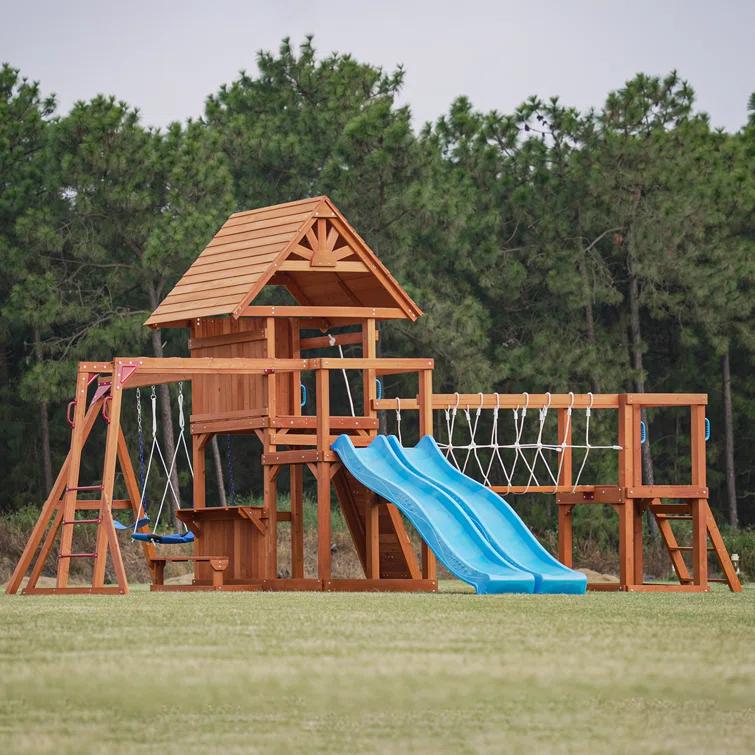 Dolphin Playground Dolphin Playground Luxury Cedar Playground Set: Double Wave Slide, 2-in-1 Table, Monkey Bars, Balance Beam, 3 Swings, Large Rock Wall, Wood Roof