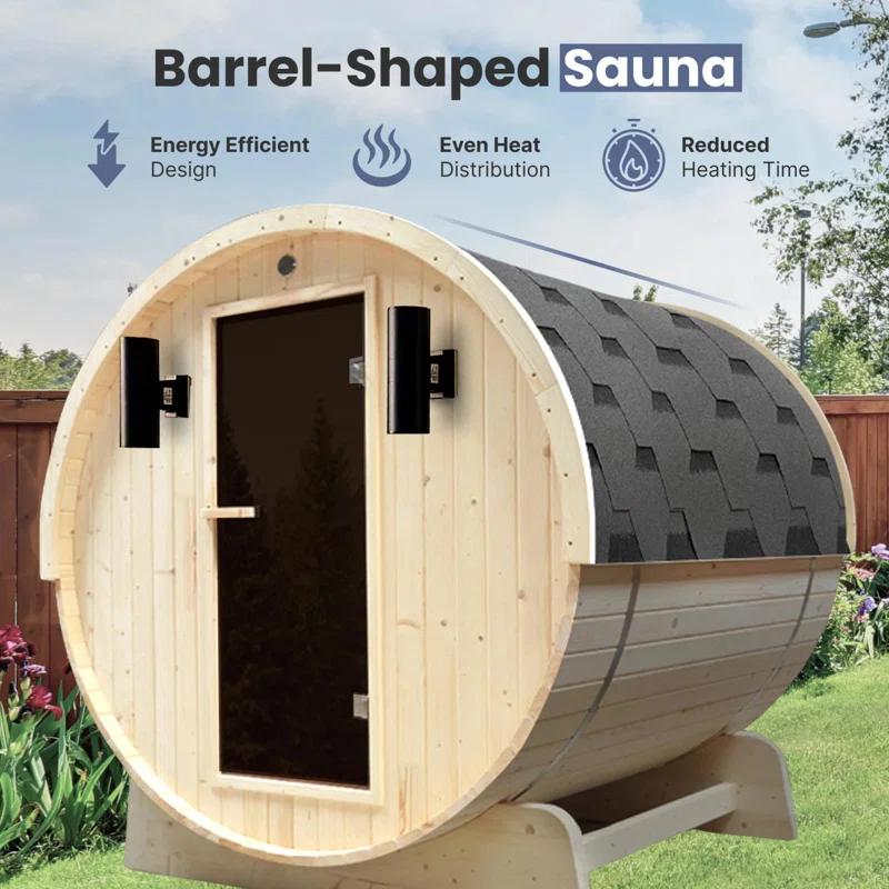 ALEKO Outdoor and Indoor White Pine Barrel Sauna - 3-4 Person - 4.5 kW UL Certified Heater - Bitumen Shingle Roofing