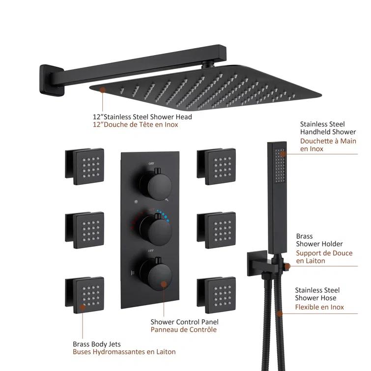 mondawe Herathena Complete Shower System with Rough in-Valve WF6001-12BL