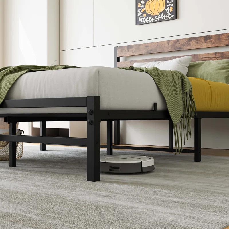 Full Size Platform Bed Frame with Rustic Vintage Wood Headboard,  No Box Spring Needed Rustic Brown