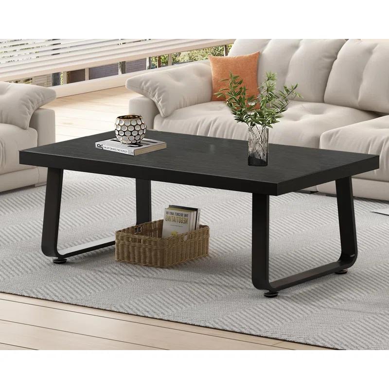 Latitude Run® Black Coffee Table, Industrial Wood And Metal Legs Center Table, Black Oak, 47 Inch