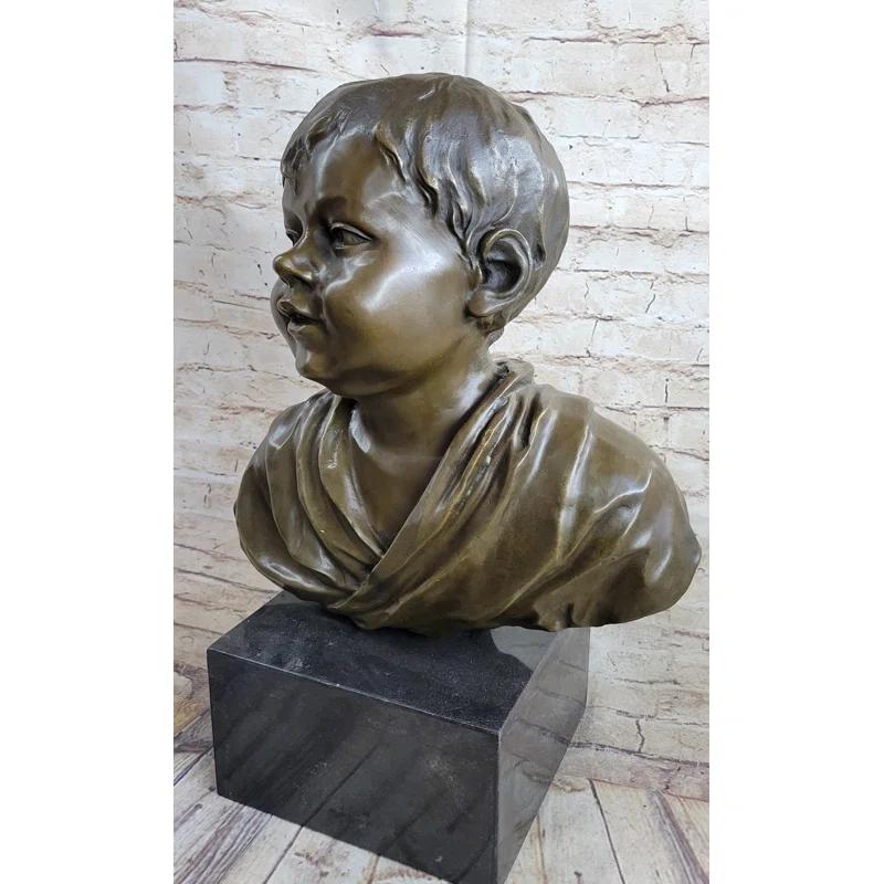 Red Barrel Studio® Bronze Metal Bust Statue Sculpture Of Young Boy Child On Marble Base Signed Original Art