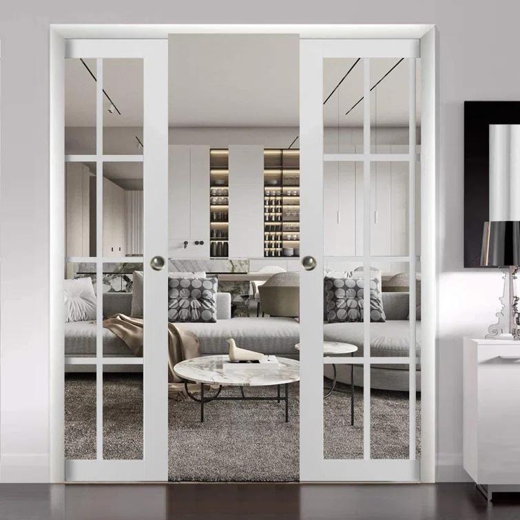 SARTODOORS Sliding French Double Pocket Doors 12 Lites | Felicia 3355 With Clear Glass | Kit Trims Rail Hardware | Solid Wood Interior Bedroom Sturdy Doors