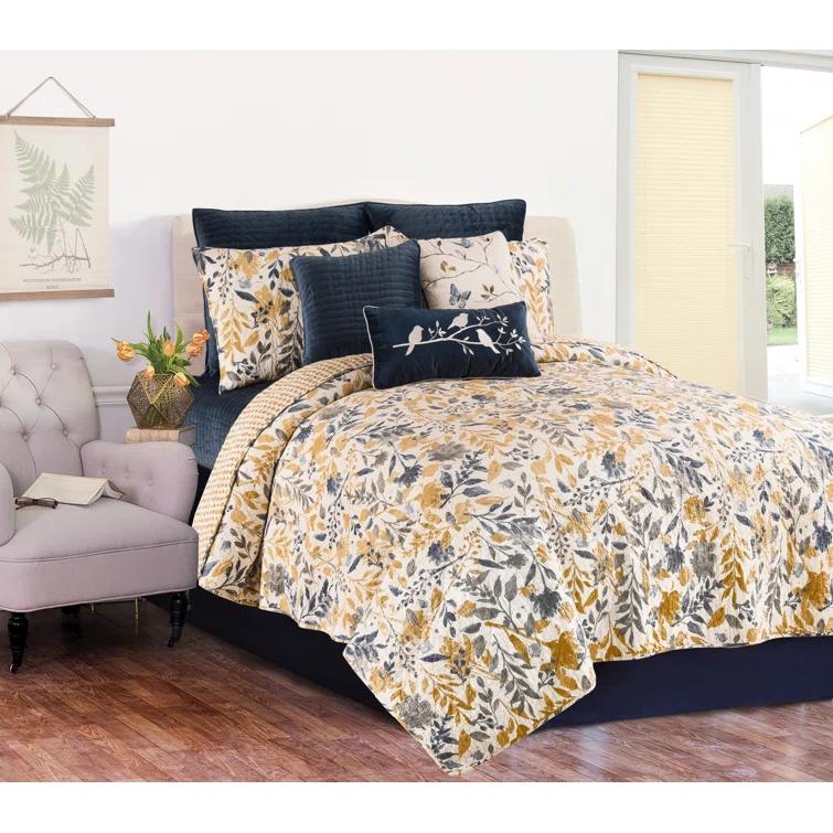C&F Home Natural Home Blue/Yellow/Gray/White Cotton Reversible Quilt Set