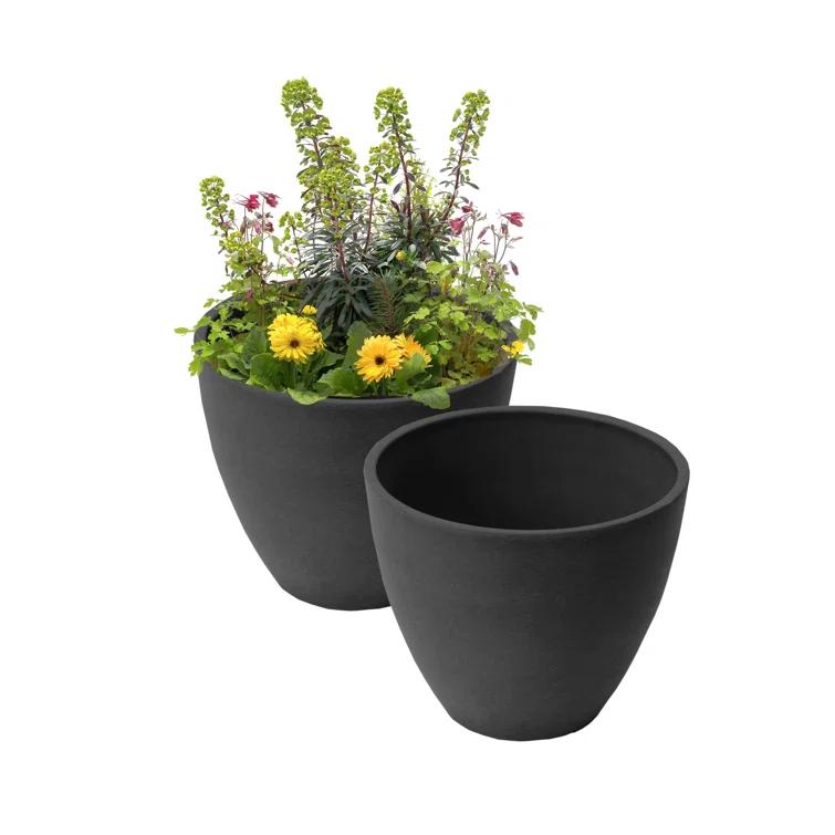 Algreen Valencia Planter, 2 Round Taper Curve Planters 10-In. Diameter by 8.3-In.H, Spun Charcoal, 2 Pack