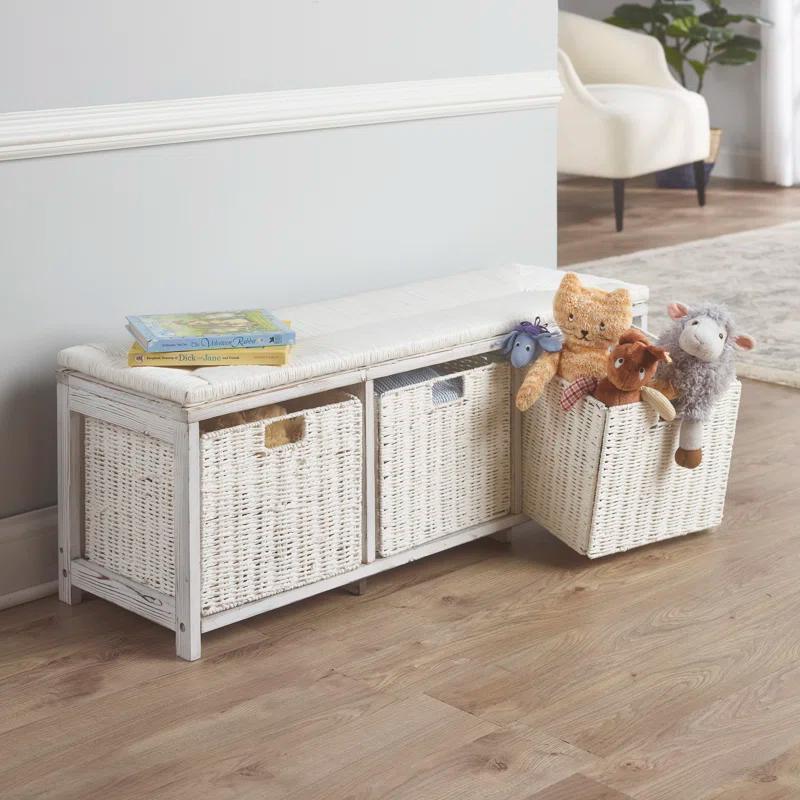 Kid''s Storage Bench With Woven Top And Baskets