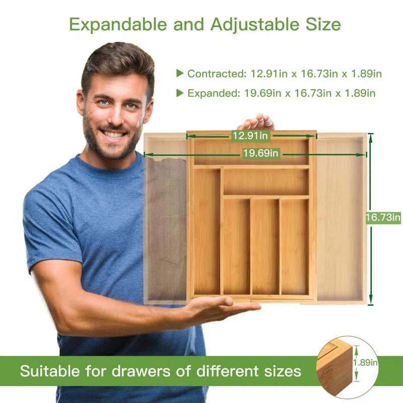 Prep & Savour Bamboo Expandable Drawer Organizer For Utensils Holder, Adjustable Cutlery Tray, Wood Drawer Dividers Organizer For Silverware, Flatware, Knives In Kitchen, Bedroom, Living Room | Wayfair