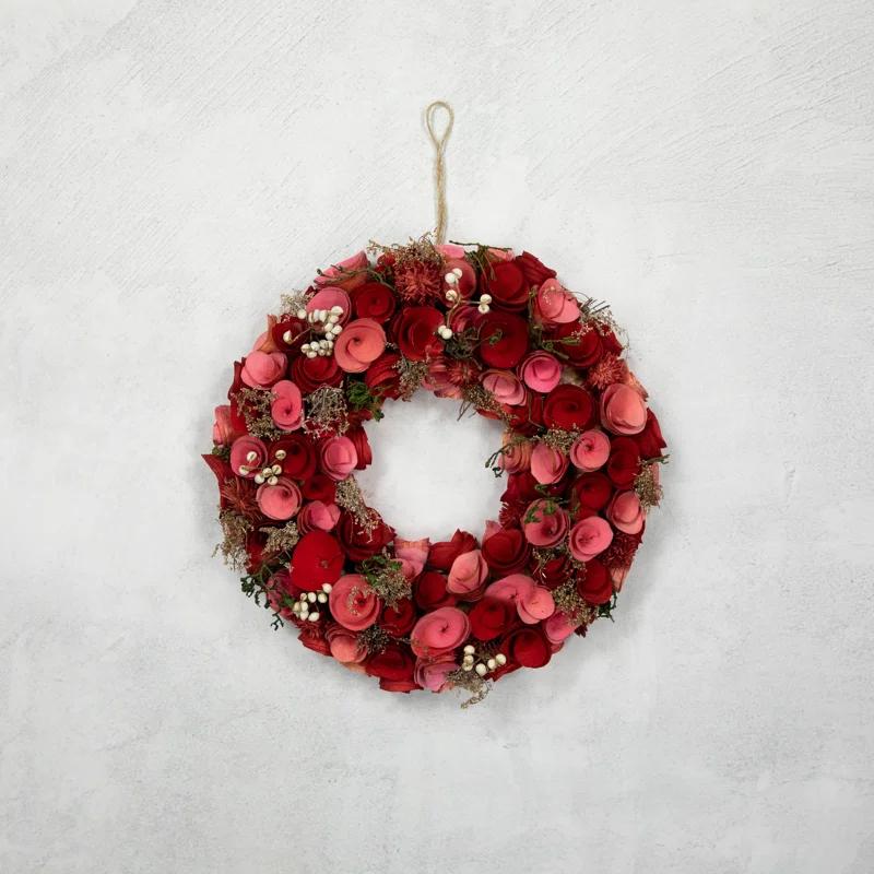 Northlight Seasonal Pink and Red Wooden Roses Artificial Spring Wreath 13-Inch Unlit