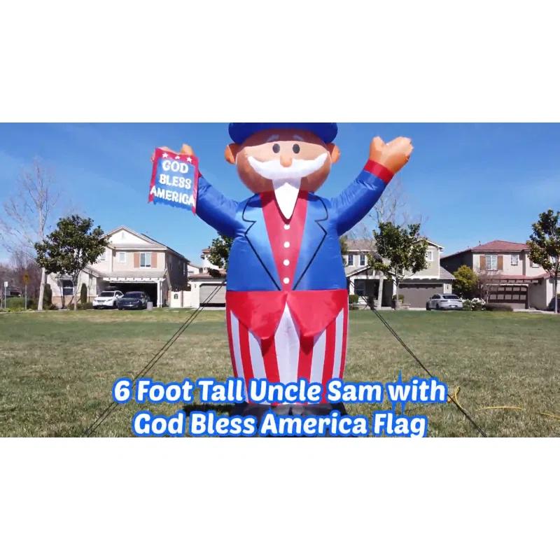 6 Foot Tall Lighted Patriotic Independence Day 4th of July Inflatable Uncle Sam with Flag Indoor / Outdoor Blow Up Holiday Yard Decoration