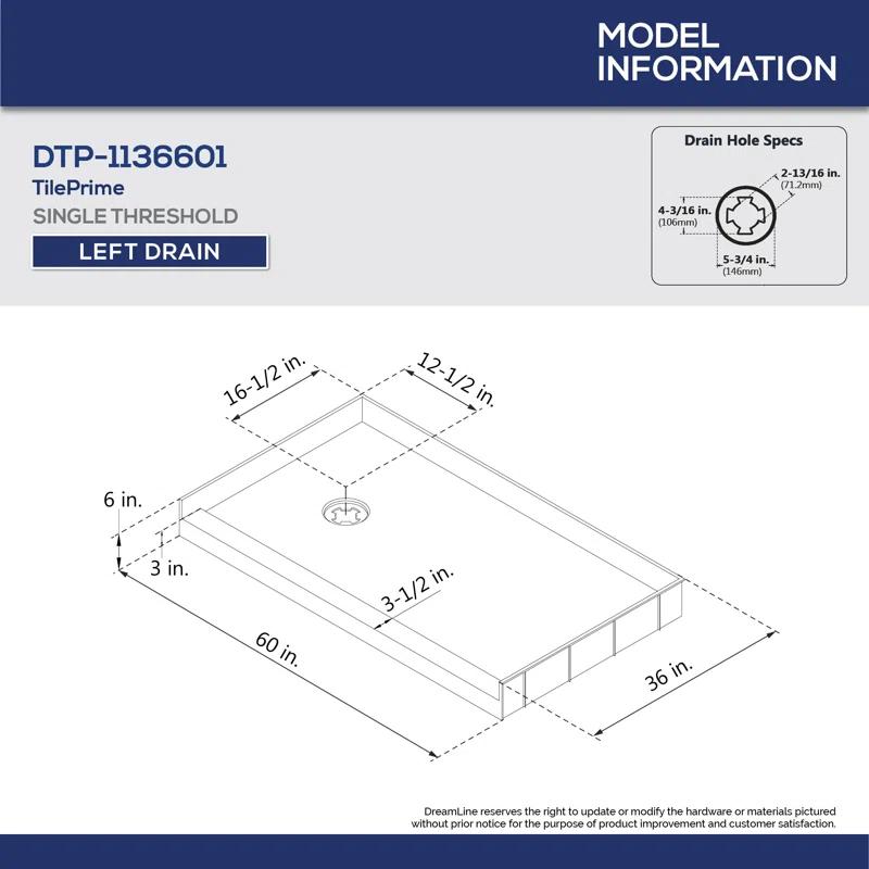 DreamLine DTP-1136601 DreamLine TilePrime 36 in. D x 60 in. W x 3 in. H Single Threshold Shower Base