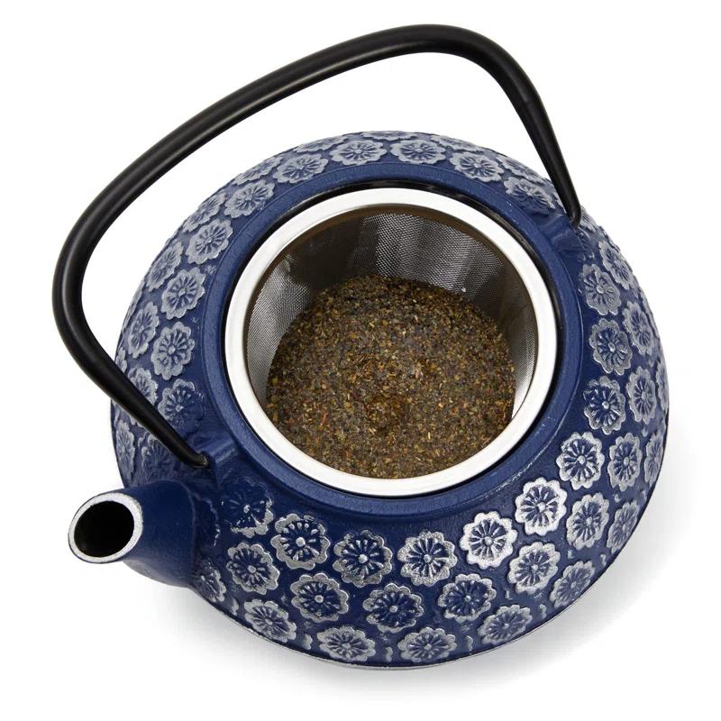 Bungalow Rose Japanese Cast Iron Teapot With Infuser For Loose Leaf And Tea Bags, Kettle Includes Handle And Removable Lid (Blue, 34Oz)